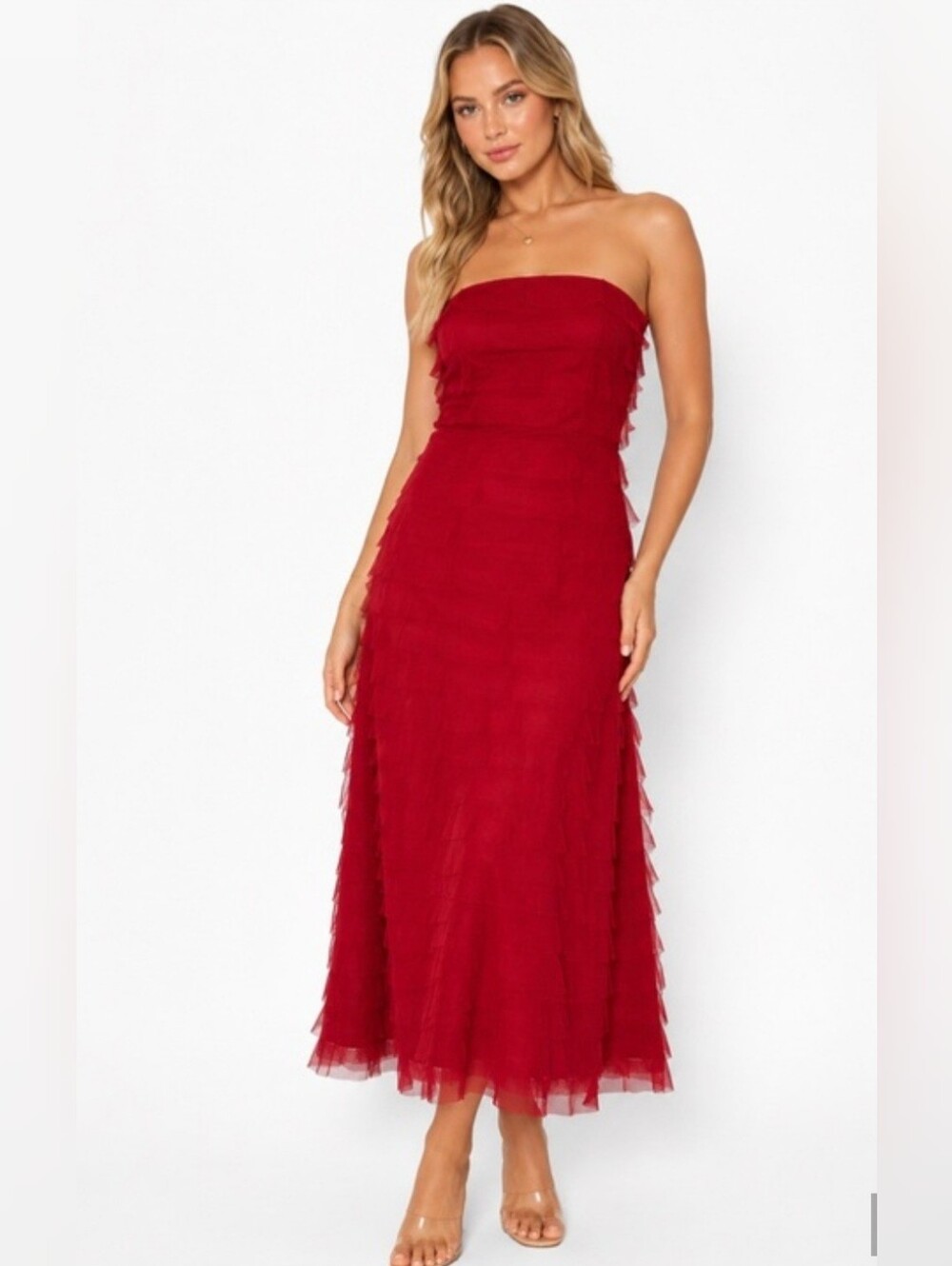 BCBGMAXAZRIA Red Tiered Ruffle Maxi Dress Size 4